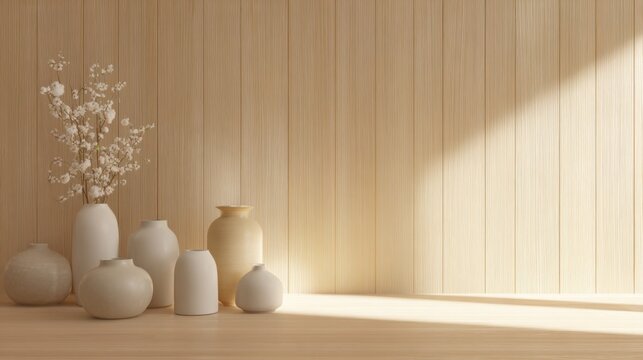 japandi style interior background with pale oak wood paneling, muted cream tones, ceramic vases, soft diffused sunlight, tranquil zen like mood