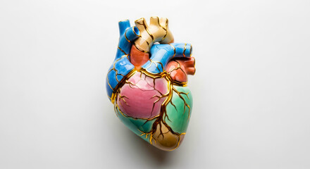 Human heart made of colorful porcelain details with golden cracks using the Kintsugi method on white background. Resilience, emotional healing concept.