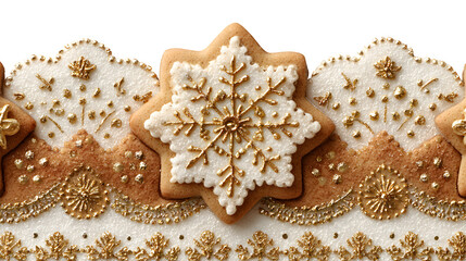 Elegant gingerbread cookie border design with gold icing details, snowflake biscuits, and sugar dusting texture creating a luxury Christmas aesthetic, isolated on white background 