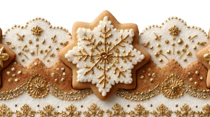 Elegant gingerbread cookie border design with gold icing details, snowflake biscuits, and sugar dusting texture creating a luxury Christmas aesthetic, isolated on white background 