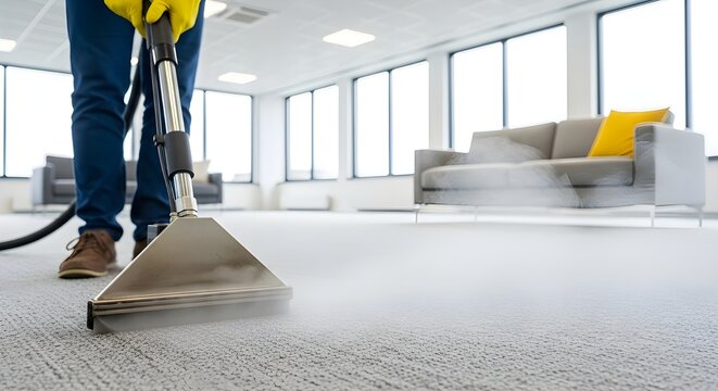 Professional worker steam cleaning light carpet in bright, modern minimalist office space