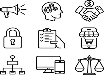 Set of Nine Business and Corporate Line Icons, Marketing Strategy E-commerce Finance Law Security Symbols, Monochrome Vector Graphic Collection