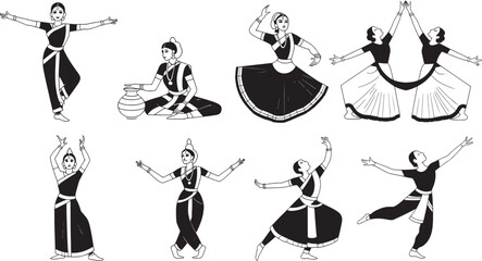 Collection of black and white illustrations depicting various classical indian dance poses and figures isolated on