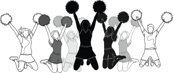 Cheerleading team jumping with pom-poms, synchronized squad performing energetic routine, monochrome sports event enthusiasm vector illustration.