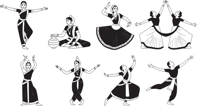 Collection of black and white illustrations depicting various classical indian dance poses and figures isolated on