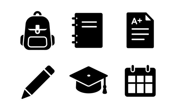 School icons set: backpack, notebook, a plus grade, pencil, graduation cap, calendar