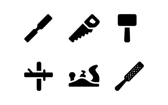 Black silhouette icons of woodworking tools for carpentry and diy projects