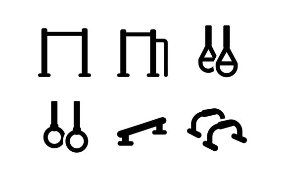 Minimalist gymnastic equipment icons: rings, bars, parallel bars in black silhouette style