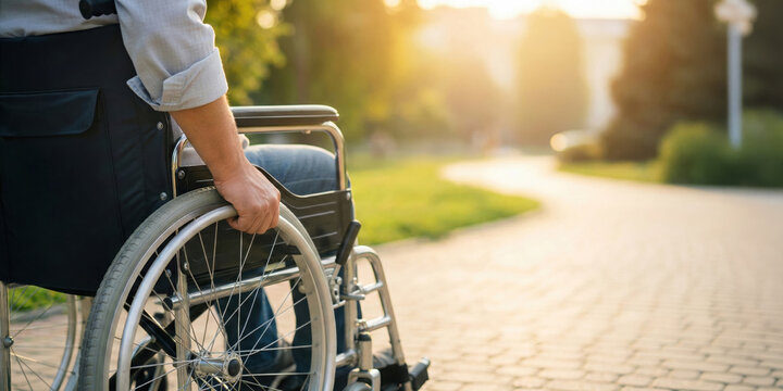 A man with hand on the wheel of his wheelchair having a ride in a city garden by sunny day, physical disability mobility, handicap accessibility, copy space