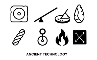 Ancient technology icons: minimal stone age and prehistoric tools in black silhouette