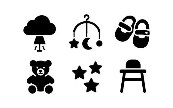 Minimalist baby icons set: toys, shoes, mobile, and more in black silhouette style