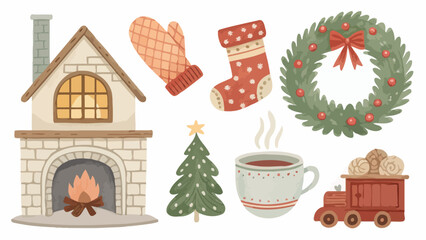 Cozy Christmas warmth with fireplace, mitten, wreath, stocking, tree, cocoa, and toy train delights