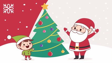 Cartoon illustration of santa claus and an elf near a christmas tree with decorations and a snowflake