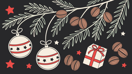 Festive christmas scene with ornaments, gift, stars, nuts and pine branch on a dark background
