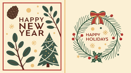 Festive holiday greetings card with new year tree and wreath design in cream and red colorscheme