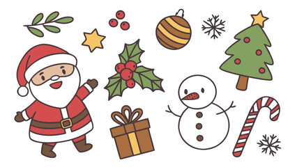Illustration of santa claus, snowman, christmas tree and other holiday themed clip art elements