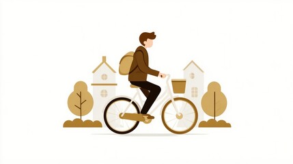 Riding bicycle through serene neighborhood, showcasing eco-friendly lifestyle and warmth