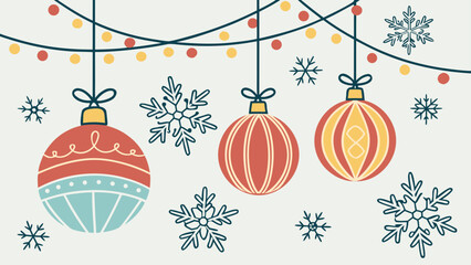 Festive christmas ornaments hanging with snowflakes and string lights decoration for winter season holiday card