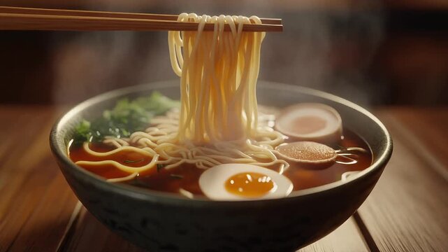 Delicious bowl of steaming hot ramen noodles with chopsticks lifting the strands above the broth, showcasing the perfect meal