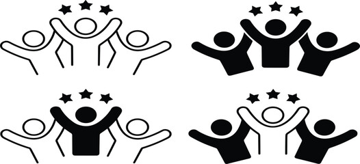 Set of Four Team Success Icons, Outline Glyph and Mixed Styles, Business People Celebrating Achievement Rating Symbol, Monochrome Vector Graphic Clipart