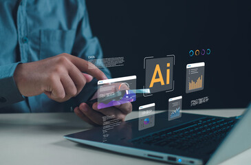 modern AI-driven data analysis concept featuring holographic charts, digital dashboards, and smart technology interaction, ideal for illustrating innovation, automation,intelligent business solutions.