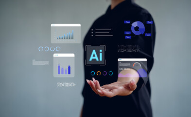 woman presenting floating AI data dashboards and analytics graphics, symbolizing artificial intelligence insights, smart data visualization, and modern technology used in advanced business solutions.