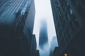 Modern skyscrapers disappearing into city morning fog