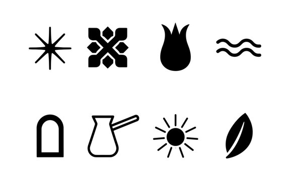 Minimalist black icons of nature, culture, and everyday objects