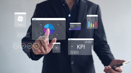 business professional interacting with AI-driven KPI dashboards and data analytics visuals, showcasing modern performance metrics, digital insights, and advanced business intelligence technology.