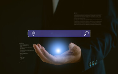 business hand holding glowing digital sphere beneath an AI search bar, symbolizing artificial intelligence innovation, smart solutions, futuristic digital transformation in modern systems.