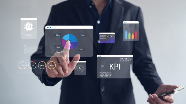 business professional interacting with AI-driven KPI dashboards and data analytics visuals, showcasing modern performance metrics, digital insights, and advanced business intelligence technology. - Powered by Adobe
