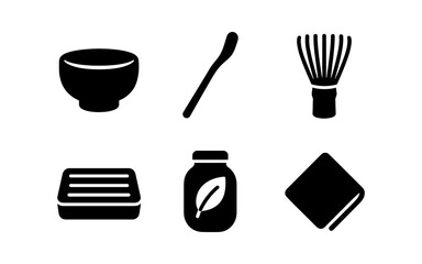 Silhouette icons of traditional japanese tea ceremony tools on white background
