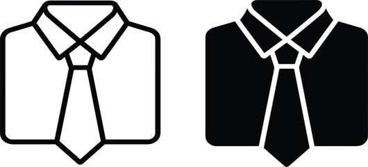Set of Two Business Shirt and Tie Icons, Outline and Glyph Styles, Corporate Professional Formal Work Attire Symbol, Monochrome Vector Graphic Clipart