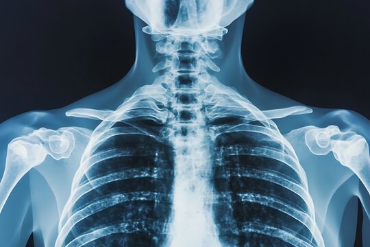 Human chest x-ray showing spine and ribs anatomy