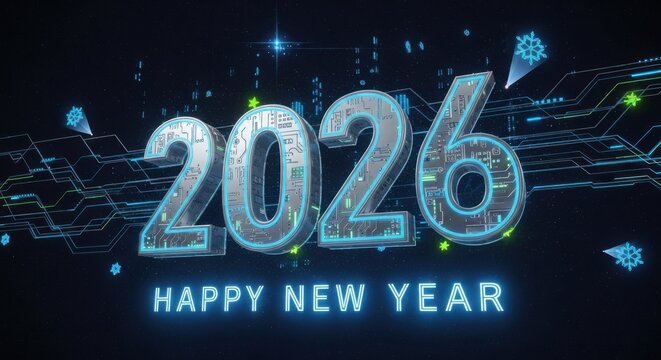 Happy New Year 2026 ai digital cyber holiday technology sci fi circuit design innovation. 3D 2026 number holiday greeting card - Powered by Adobe