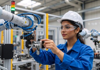 Female engineer adjusting a robotic arm in a modern factory. Young woman technician working on industrial automation equipment