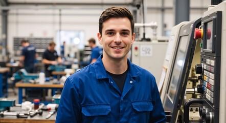 Smiling factory worker in blue uniform standing next to CNC machine. Portrait of a young industrial engineer in a modern manufacturing plant