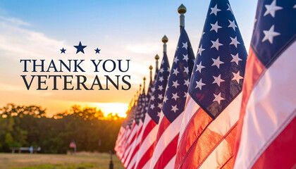 Thank You Veterans Lettering style on a sunset image with American Flags Lined Up