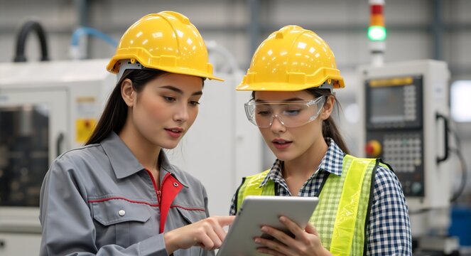 Two Asian female factory workers using a digital tablet in a manufacturing plant. Women engineers wearing safety helmets and discussing data near industrial machinery