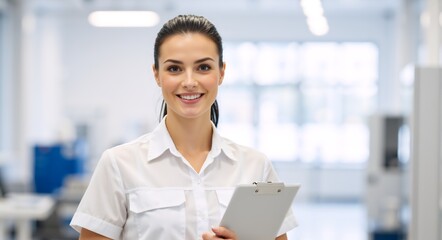 Professional young woman with clipboard smiling in a modern factory or office. Portrait of a confident female manager or quality control inspector