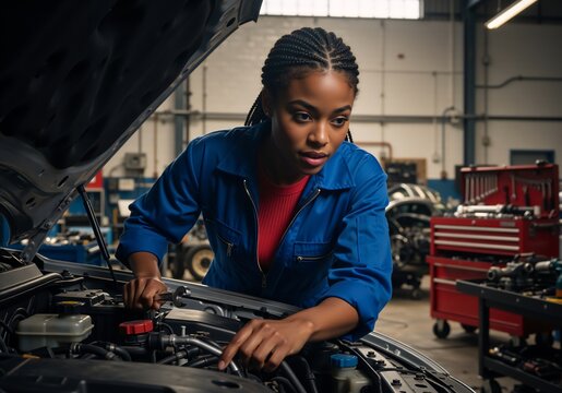 Young Black female mechanic repairing a car engine in a professional garage. Auto technician working with a wrench under the hood