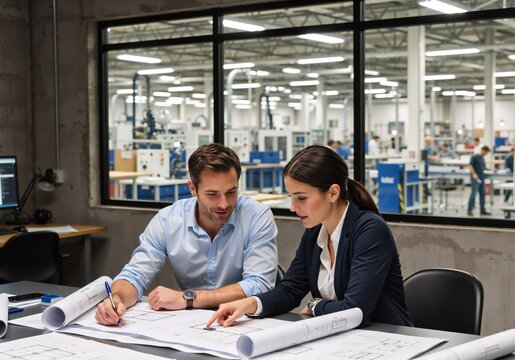 Engineers reviewing blueprints in office with factory background. Man and woman collaborating on industrial project planning