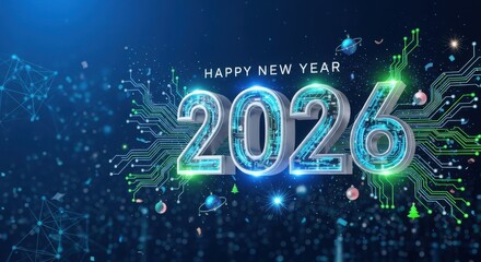 Happy New Year 2026 ai digital cyber holiday technology sci fi circuit design innovation. 3D 2026 number holiday greeting card