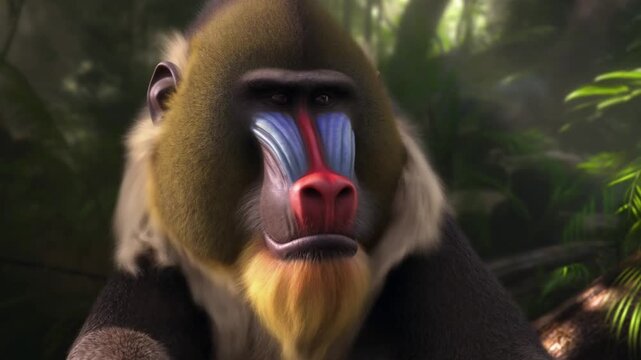 Intriguing Mandrill Monkey Gazing Thoughtfully in Lush Jungle Habitat, A Captivating Glimpse into Wildlife's Serene Moments and Vivid Colors, Perfect for Nature Enthusiasts