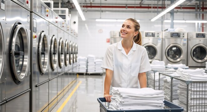 Happy female worker in a uniform at a commercial laundry service. A young woman pushes a cart with fresh linens past industrial washing machines