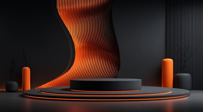 Black and orange room with a black pedestal in the center. The room is dimly lit and has a modern, futuristic feel