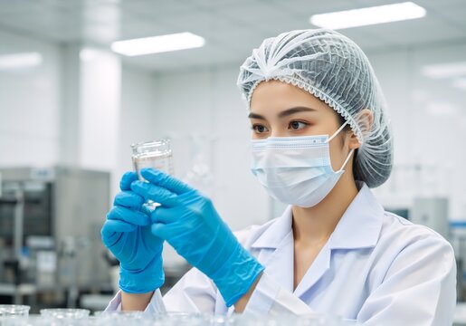 Asian female scientist analyzing liquid sample in laboratory. Researcher wearing face mask and gloves checking quality