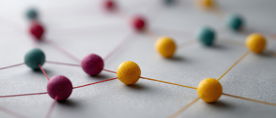 Colorful sphere network, connection lines, teamwork, collaboration, abstract map