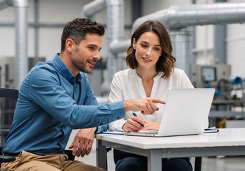 Industrial engineers collaborating on a laptop in a modern factory. Professional man and woman discussing a project at a desk with manufacturing pipes in the background
