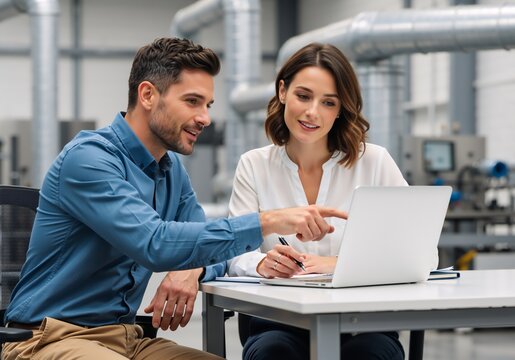 Industrial engineers collaborating on a laptop in a modern factory. Professional man and woman discussing a project at a desk with manufacturing pipes in the background